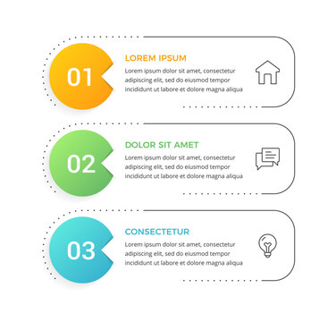 Colorful vertical infographic template with three gradient circles with dotted borders, symbolizing sequential steps and structured process stages