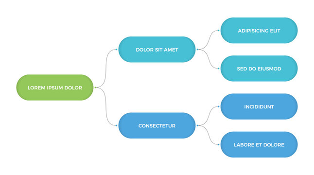 Horizontal flowchart or mind map tree diagram template with two branches and two levels