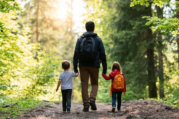 Obraz premium Father walking with his children and son daughter hiking in a sunny forest nature