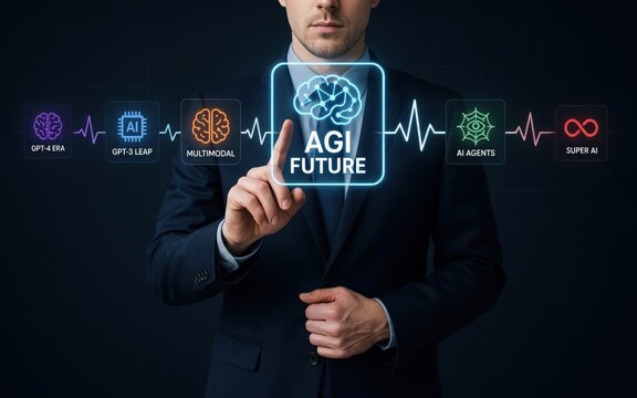 Businessman interacting with a futuristic agi concept interface