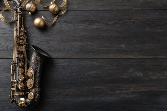 A saxophone with ornaments rests on dark wood, festive ambiance created with warm gold accents