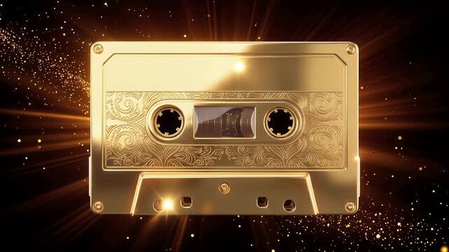 Single golden vintage or old retro cassette tape on black background, 4K video
