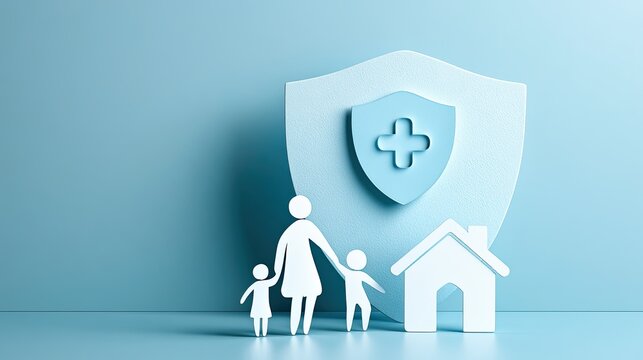 A blue 3D illustration of a family, house, and shield with a medical cross symbolizing health insurance and home protection.