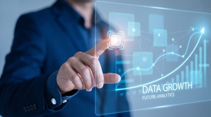 Obraz premium Man Interacting With Glowing Data Growth Chart On Transparent Screen