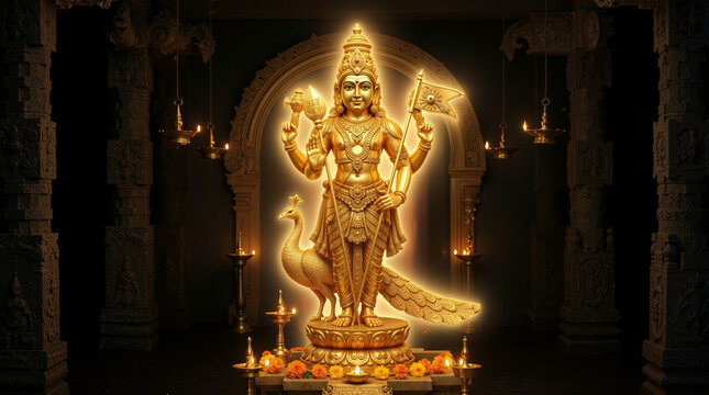 A radiant golden statue of the Hindu deity Murugan, also known as Kartikeya, standing majestically on a peacock within a dimly lit temple setting, adorned with traditional oil lamps.