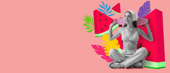 Fototapeta premium Smiling young woman in bandana and bikini top holding a pink skateboard with tropical leaves and watermelon slices, the composition features vibrant tropical leaves and watermelon slices