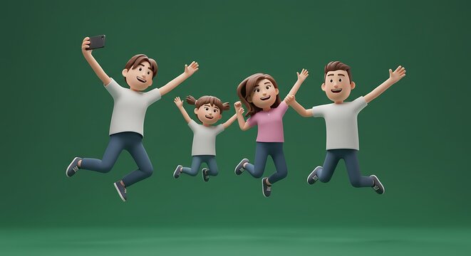 Cartoon family of four jumping and celebrating together on green background
