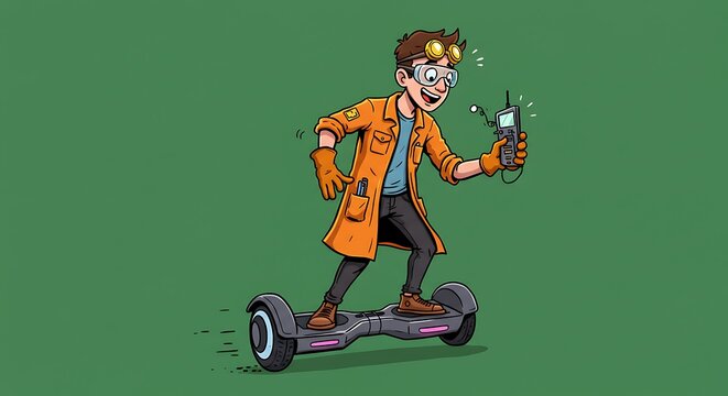 Cartoon man rides self balancing scooter with scientific gadget illustration