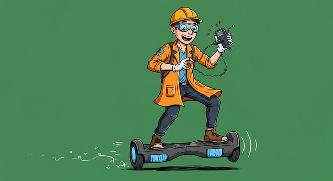 Engineer rides hoverboard with device transportation and technology illustration