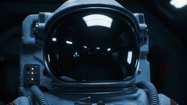 Close-up view of an Astronaut Helmet Visor reflecting interior lights, symbolizing future space exploration and scientific discovery