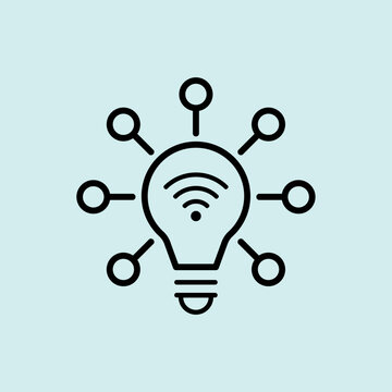 A light bulb with a wireless signal and node connections. Represents energy-efficient smart lighting and automated home ambiance.