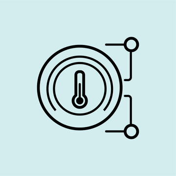 A circular thermostat display showing temperature with sensor nodes. Represents smart HVAC control and climate management.