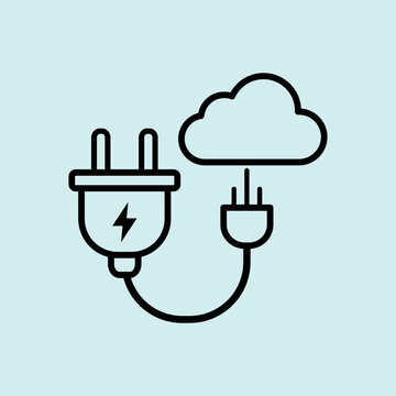 An electric plug connected to a cloud with a lightning bolt. Represents smart energy management and connected power outlets