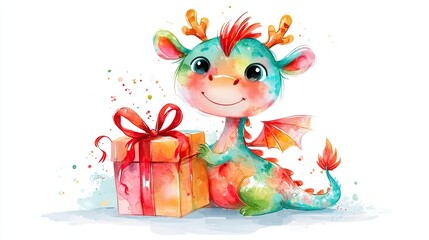 Fototapeta premium A cute, colorful cartoon dragon with antlers sits happily beside a large gift box wrapped with a red ribbon.