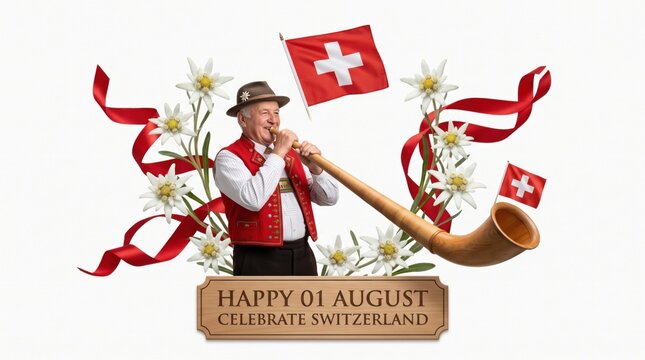 Man in traditional swiss clothing playing a wooden alphorn surrounded by edelweiss flowers and red ribbons with swiss flags and a wooden plaque reading happy 01 august celebrate switzerland