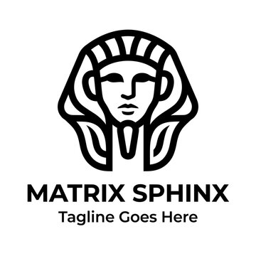 Stylized ancient sphinx emblem blending historical mythology with modern geometric tech aesthetics.