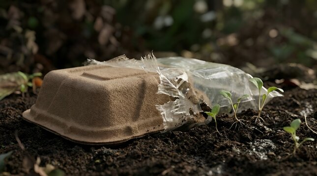 Biodegradable pulp container and plastic packaging decomposing side by side in dark soil with seedlings growing nearby