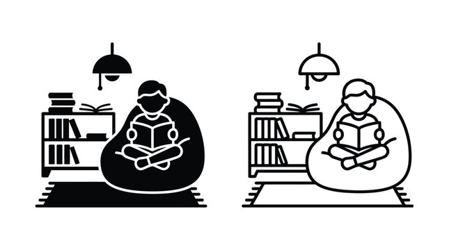Reading person in room with bookshelf flat icon silhouette on transparent background