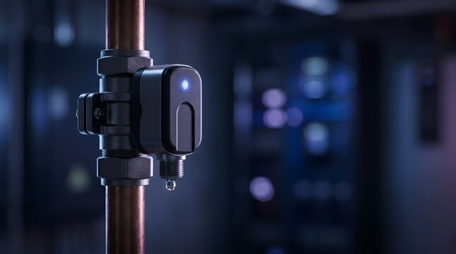 Smart IoT water valve sensor with blue LED indicator mounted on copper pipe with a dripping water drop in dark environment