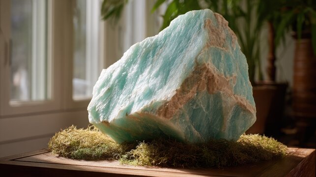 Large rough amazonite gemstone with tranquil blue-green color on a bed of moss