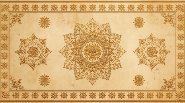 Elegant Ornate Mandala Background with Intricate Geometric Patterns on Vintage Aged Parchment Paper