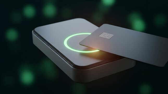 Contactless NFC payment terminal with glowing green ring and EMV chip card in dark studio setting