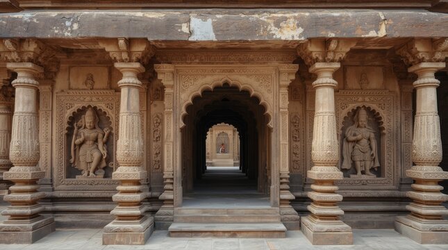 Intricate Stone Carvings and Ornate Pillars of an Ancient Hindu Temple Architecture in India