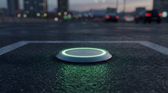 Smart parking sensor with green LED ring light embedded in asphalt at dusk in an urban parking lot