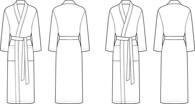 Standard technical sketch of a long bathrobe showing front and back view design details