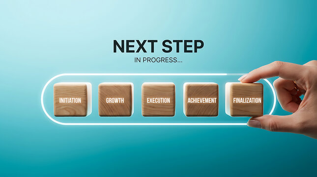 Business project management process steps with wooden blocks and hand