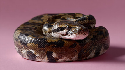Fototapeta premium Coiled python resting peacefully vibrant pink background. Its scales display intricate patterns of brown, black, and tan, showcasing natural beauty and serene composure. captivating wild reptile