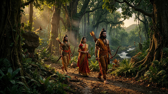 Lord Rama, Sita, and Lakshmana walking through a dense, sunlit forest path during their exile.