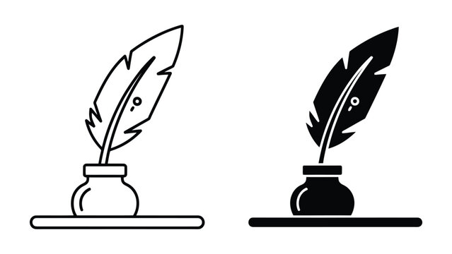 Quill pen and inkwell icon set. Vintage writing tool symbols for literature and history.