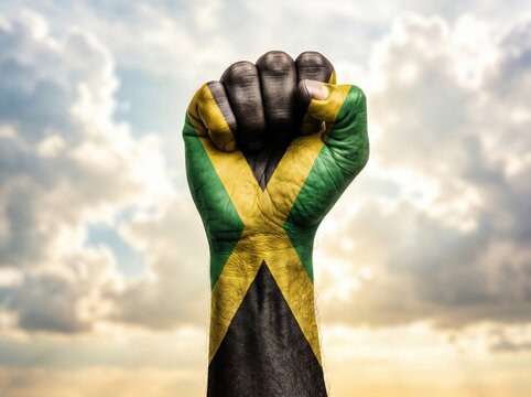 Raised human fist painted with the jamaican flag colors of green gold and black against a cloudy sky background representing national pride and unity