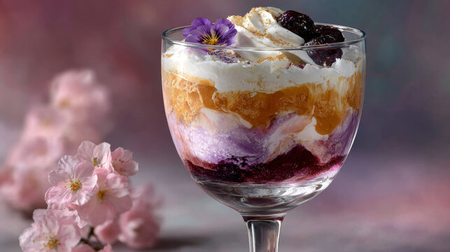 Beautiful layered fruit parfait, an elegant and sweet gourmet dessert perfect for celebration. Indulgent treat with fresh cream and colorful berries brings pure delight to any occasion