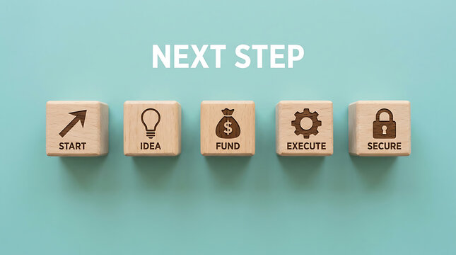 Wooden cubes with business process icons for startup growth