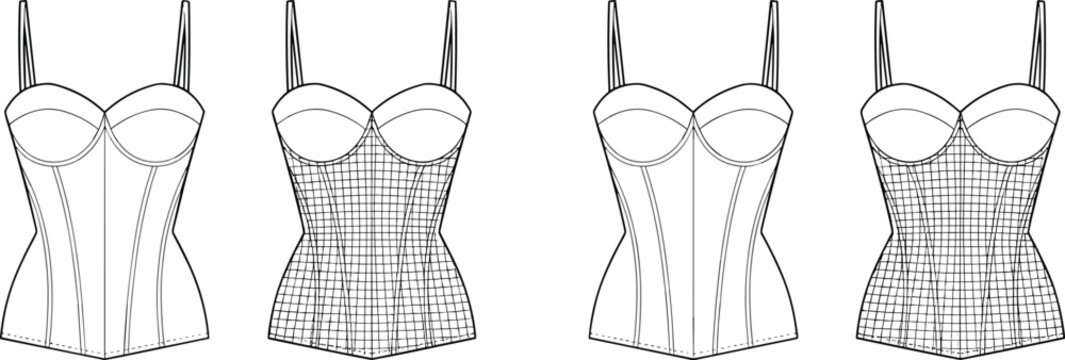 Technical fashion drawing of corset style tops with sweetheart neckline and grid pattern textile detail