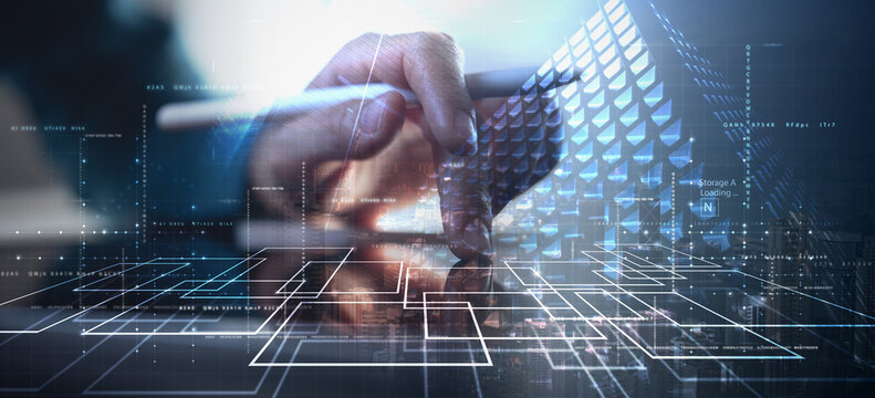 Data analytics, data science, Abstract Data flow on network, Data analyst using digital tablet for analysis transferring complex on big data, Ai algorithm, Deep machine learning, data science