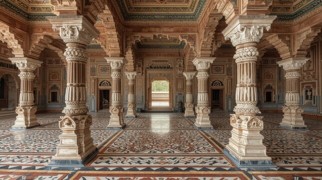 Interior View of a Majestic Ancient Indian Palace Hall with Intricate Carved Columns and Mosaic Floor