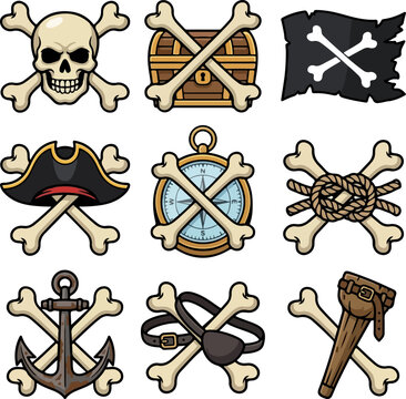 Pirate crossbones set with skull treasure chest flag bicorne compass wheel anchor rope shovel vector illustration