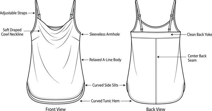 Technical sketch of a womens sleeveless cowl neck camisole top with adjustable straps and curved hem