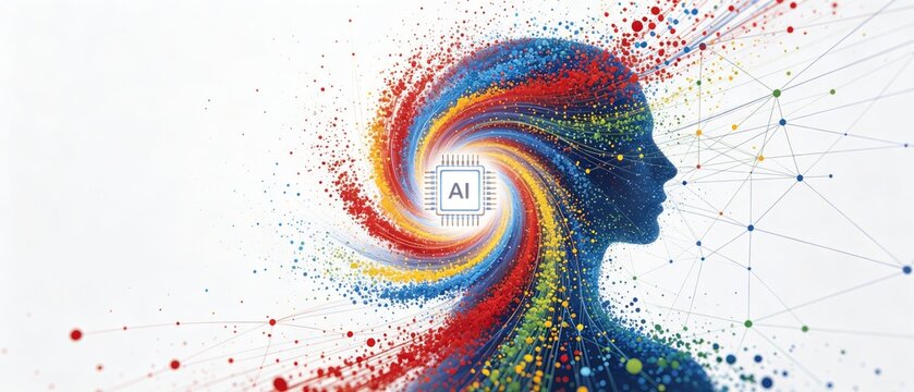 Colorful artificial intelligence human head with AI processor, abstract neural network and digital data flow, idea for machine learning technology presentation banner