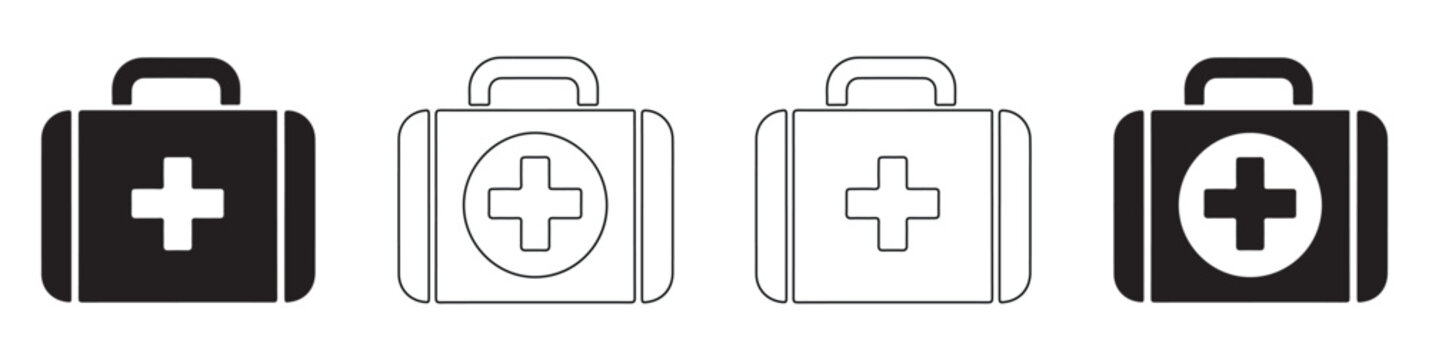 First aid kit icons with medical cross symbol in clean vector flat design for healthcare and emergency concepts