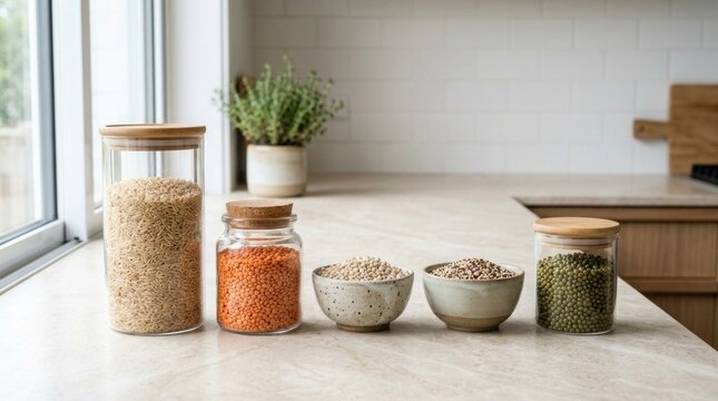 Kitchen pantry organization with glass jars containing brown rice red lentils white beans quinoa and mung beans arranged on modern marble countertop near window with soft light.