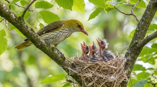 A mother golden oriole bird feeding her hungry chicks in a nest on a tree branch.