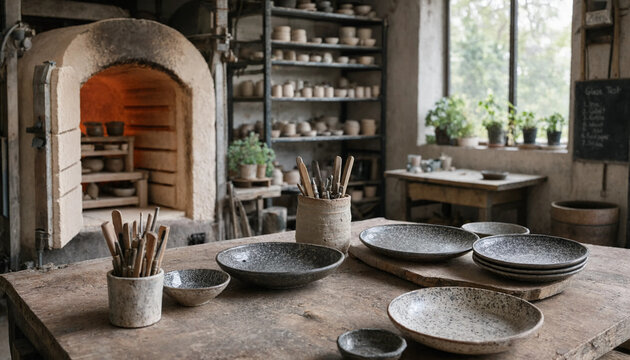 Rustic pottery workshop interior with a glowing kiln, wooden tables covered in handmade ceramic bowls, and shelves filled with clay vessels