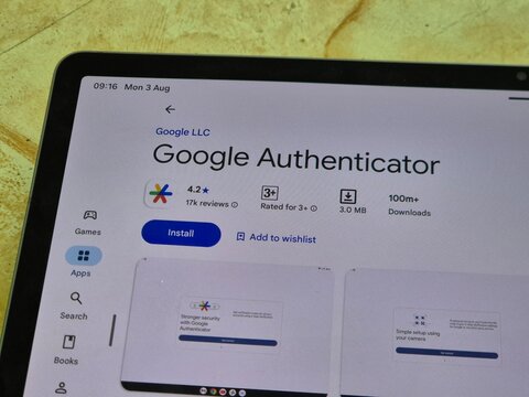 Google Authenticator App Page on Google Play Store Displayed on Tablet Screen. Pamekasan, Indonesia - Aug 03, 2026.
