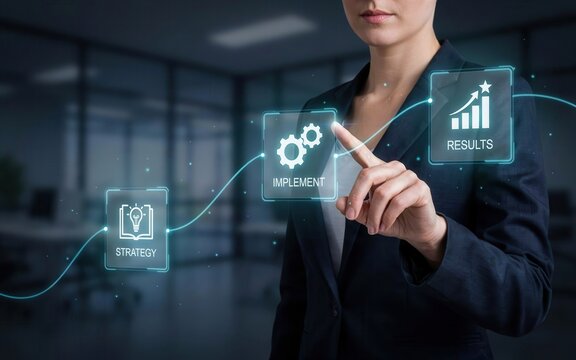 Businesswoman touching virtual interface with business process icons