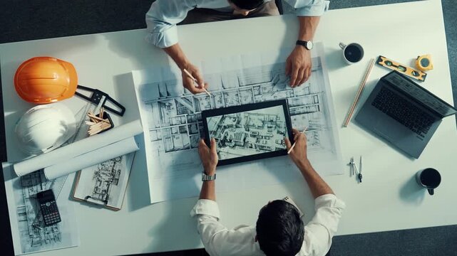 Top view of civil engineer working together to plan building design. Top down aerial view of skilled architect team sitting at table while manager talking and discussing about blueprint. Alimentation.
