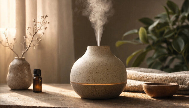Stone ceramic essential oil diffuser emitting a fine mist on a wooden table with a small vase and a bottle of oil nearby